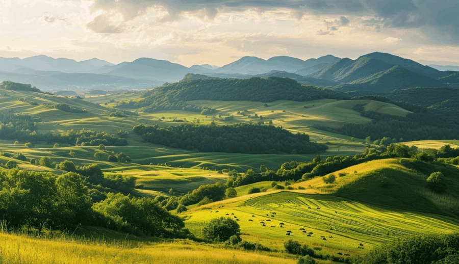 Scenic countryside landscape with getaway homes in green valleys